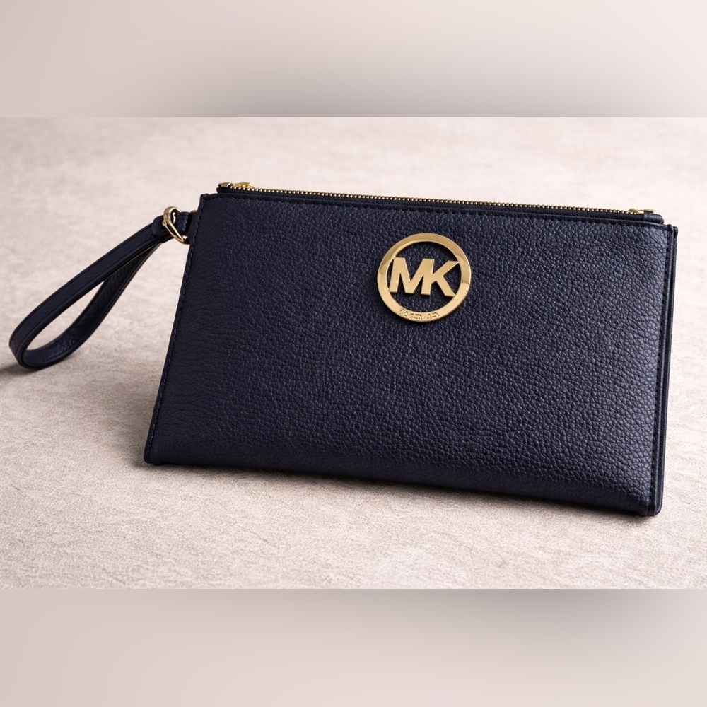 Michael Kors Dark Blue Clutch with Gold Emblem
